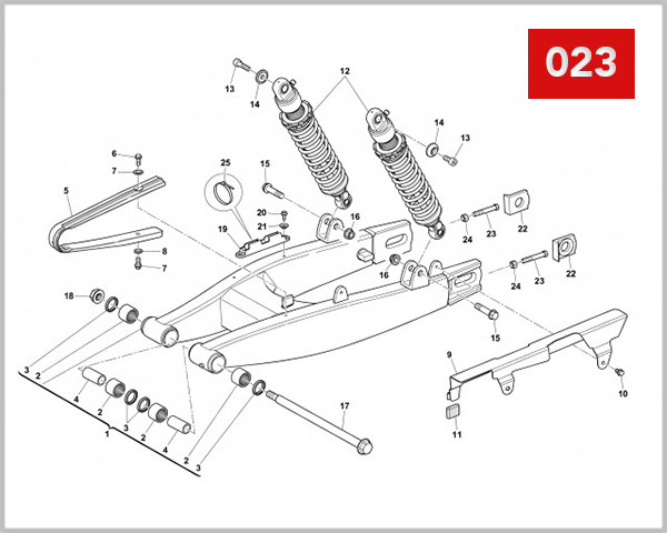 023 - REAR SWING ARM AND SUSPENSION SPADES/OUTLAW